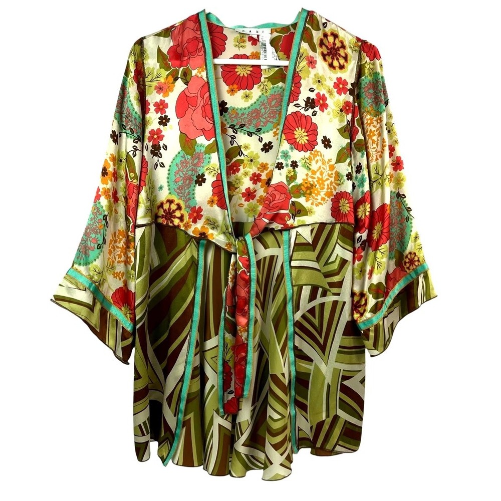 Cabi Womens 100% Silk Floral Geometric Tie Front Wrap Top Green Orange Style 481